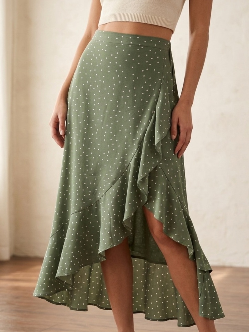 Dress Forum Olive Green Polka Dot High-Low Ruffle Skirt